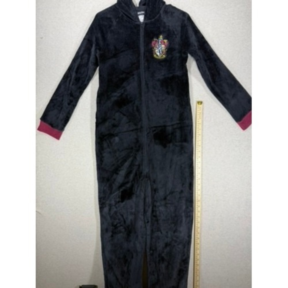 Harry Potter Union Suit Onesie Juniors S/M Black Hogwarts Crest Excellent Hooded
